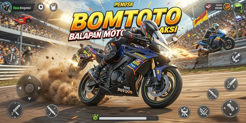 Screenshot gameplay BOMTOTO dengan aksi balapan motor yang seru.