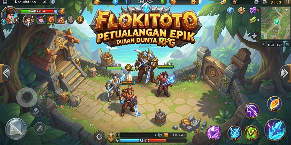 Screenshot utama gameplay RPG FLOKITOTO dengan karakter dan pertempuran seru.