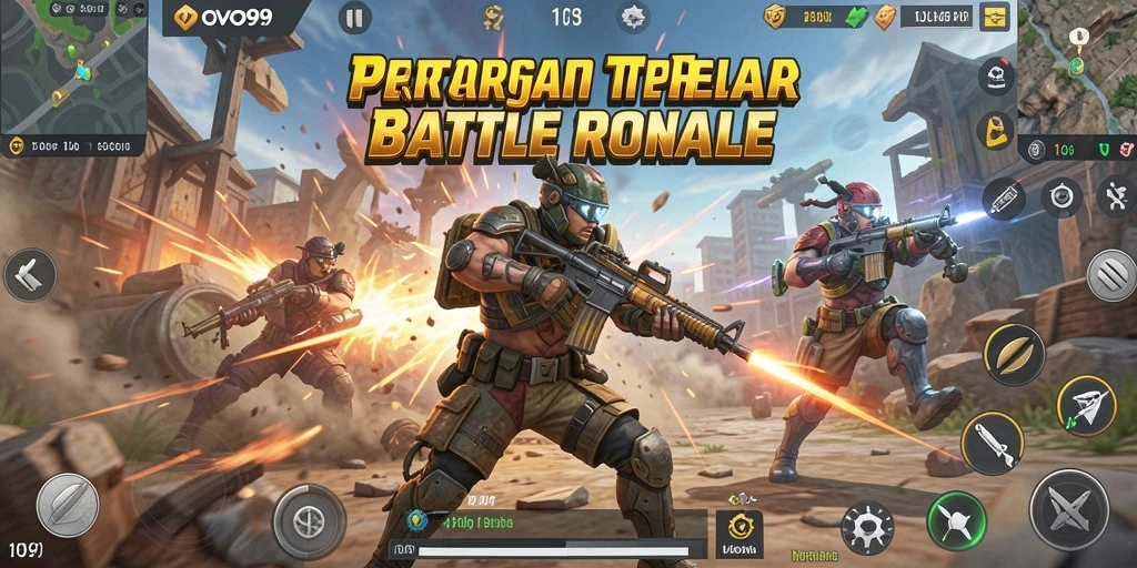 Screenshot utama OVO99 menampilkan aksi dinamis dalam pertarungan Battle Royale.